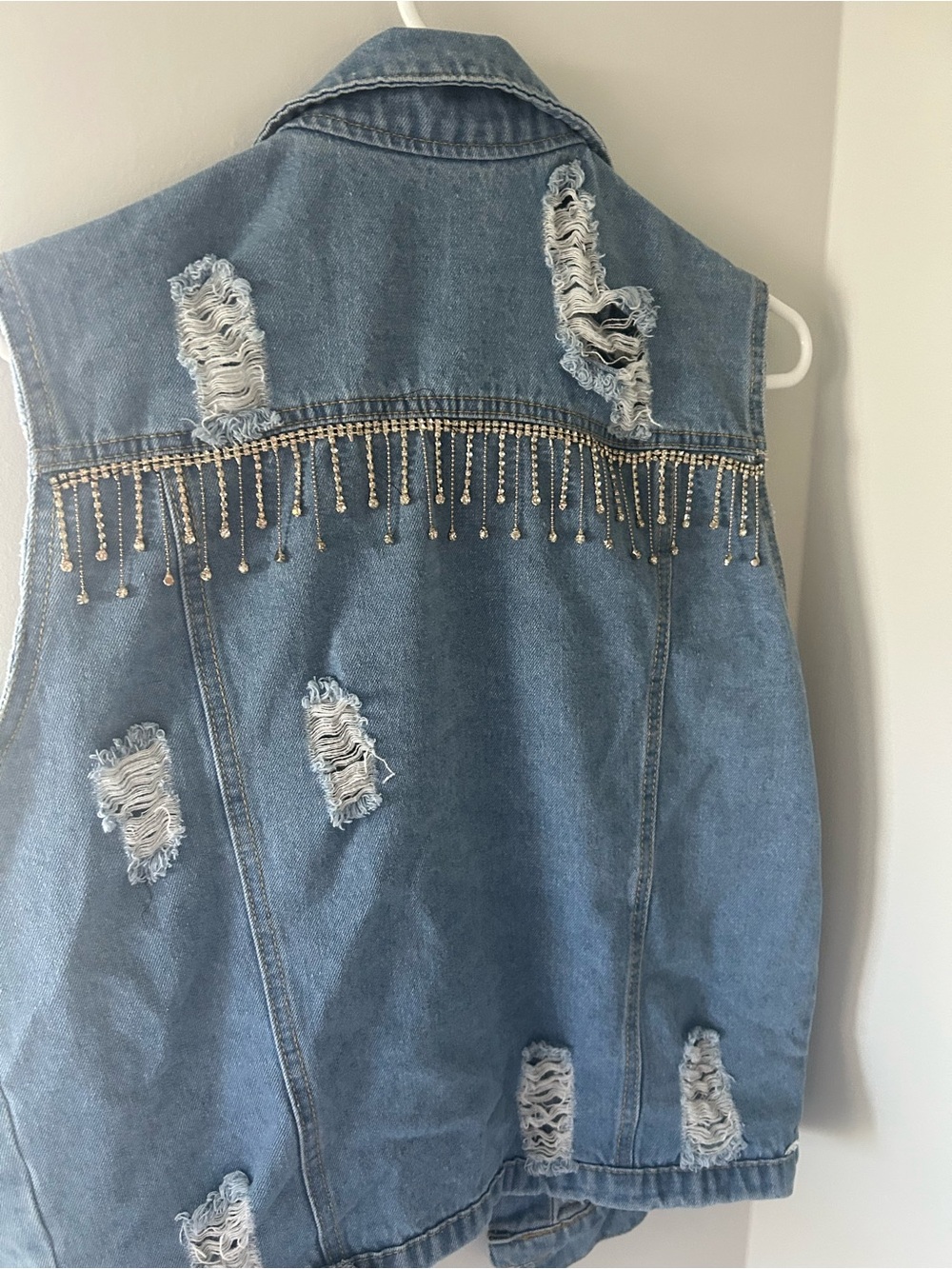 Distressed Denim Vest with Rhinestone Fringe - Light Blue